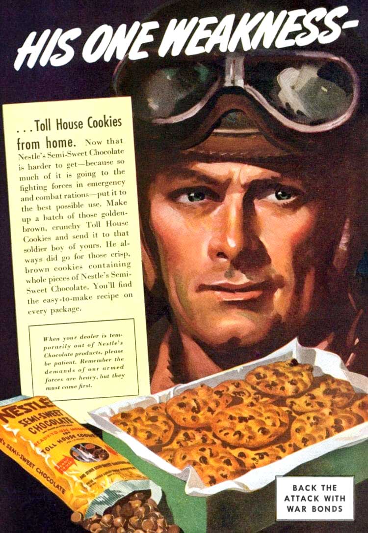 hand drawn illustration of a WW II aviator's face with helmet and goggles on top of his head. Under his chin a box of cookies to his left as you look at it is a description of cookies